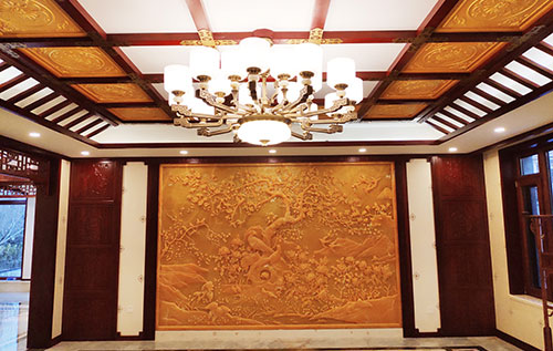 镇远中式别墅客厅中式木作横梁吊顶装饰展示